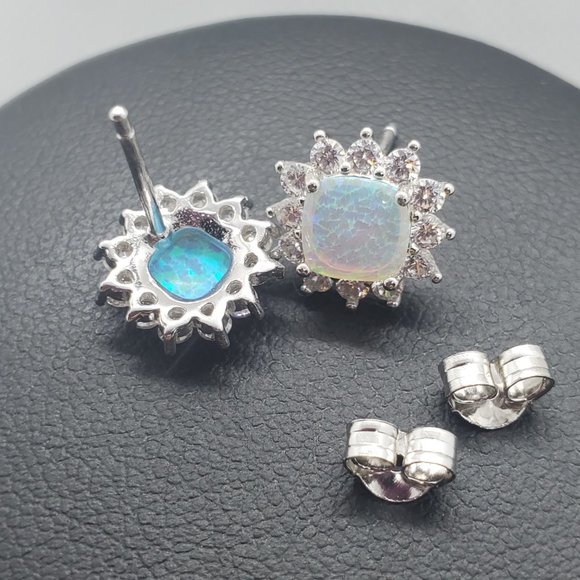 Silver 925 Rhodium Plated Opal Sun CZ Stud Earring and Necklace Set